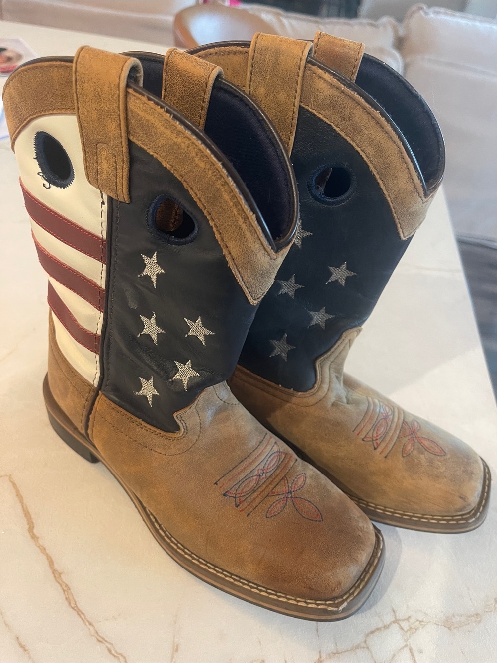 Kids Western Pull-On Boots with American Flag Design - Tan, Black & White